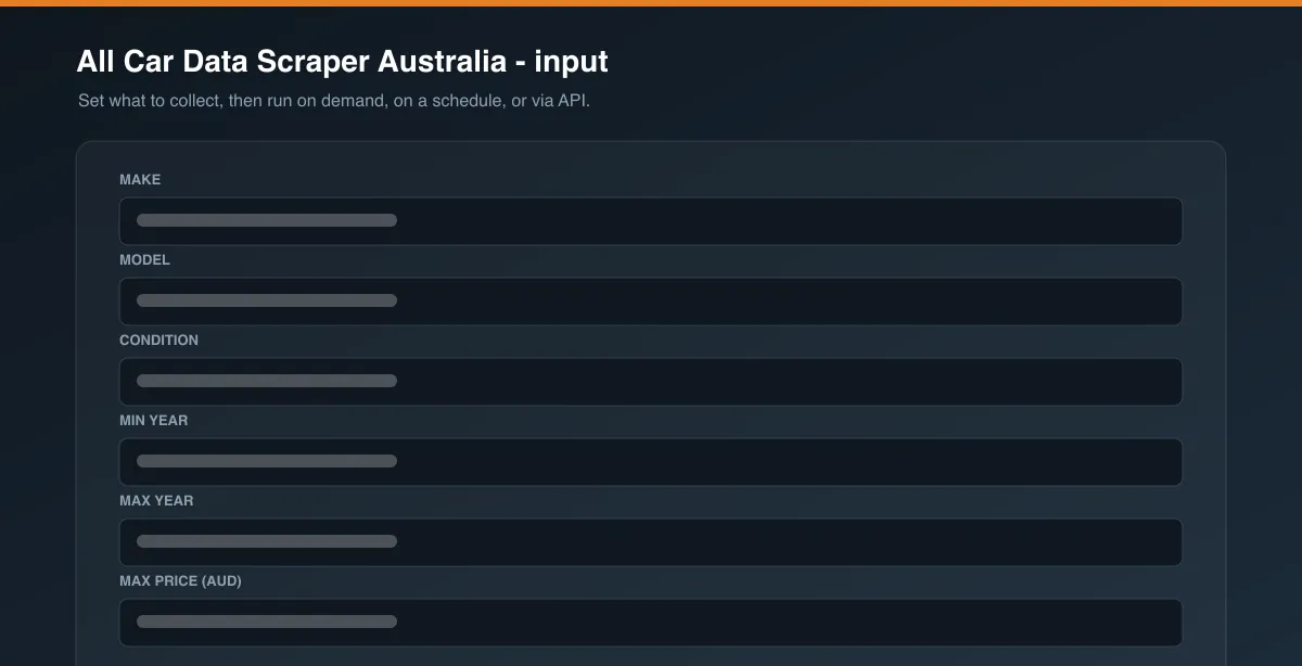 All Car Data Scraper Australia input options