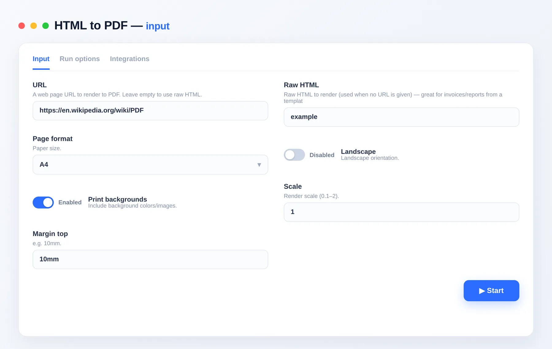 HTML to PDF input β configure the options in the Apify Console