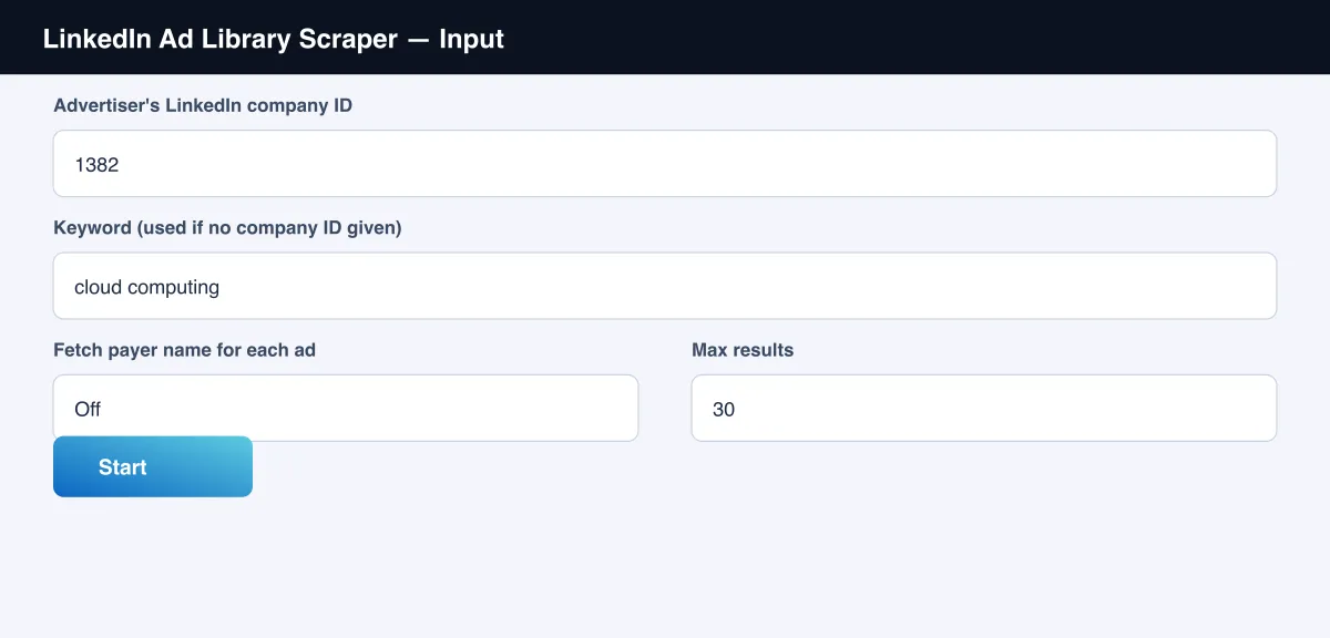 LinkedIn Ad Library Scraper input form with company ID, keyword and options