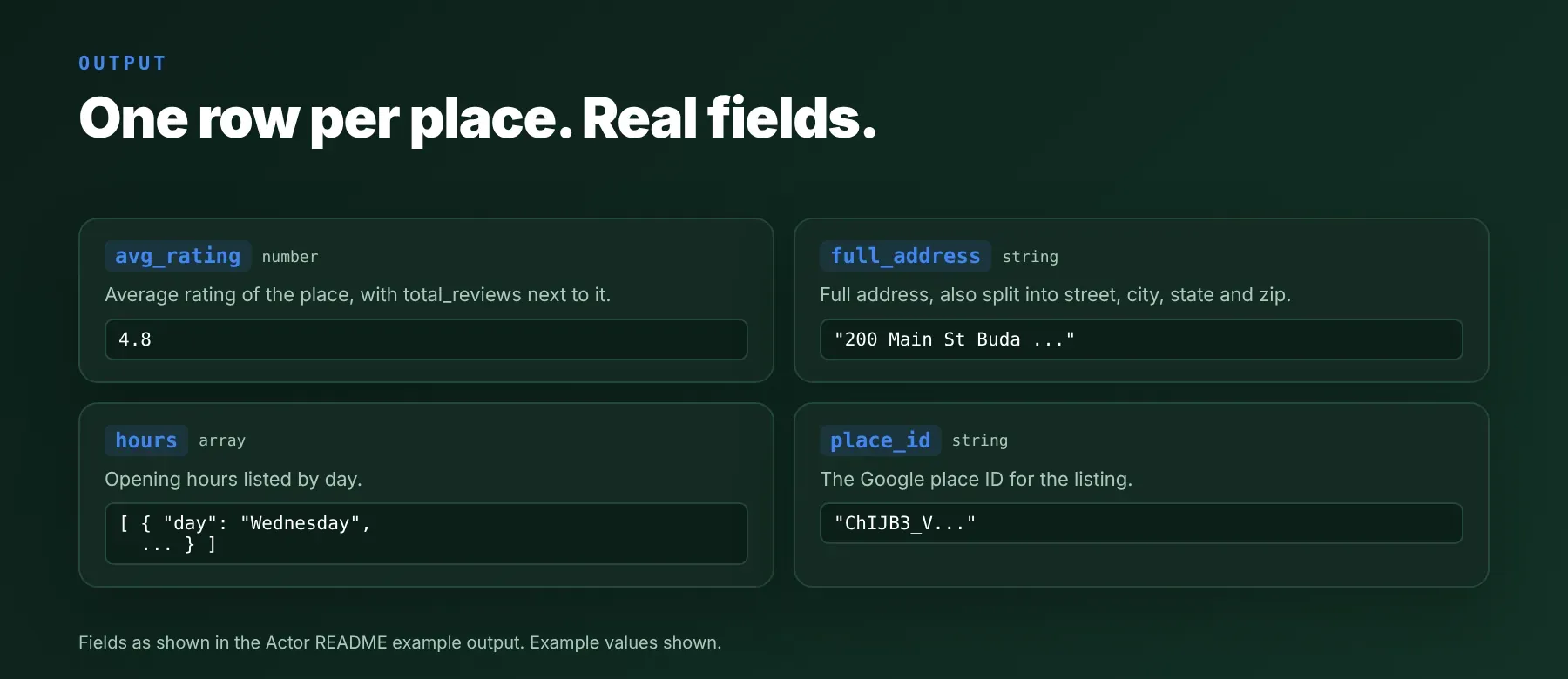 Google Maps Scraper output: example JSON fields