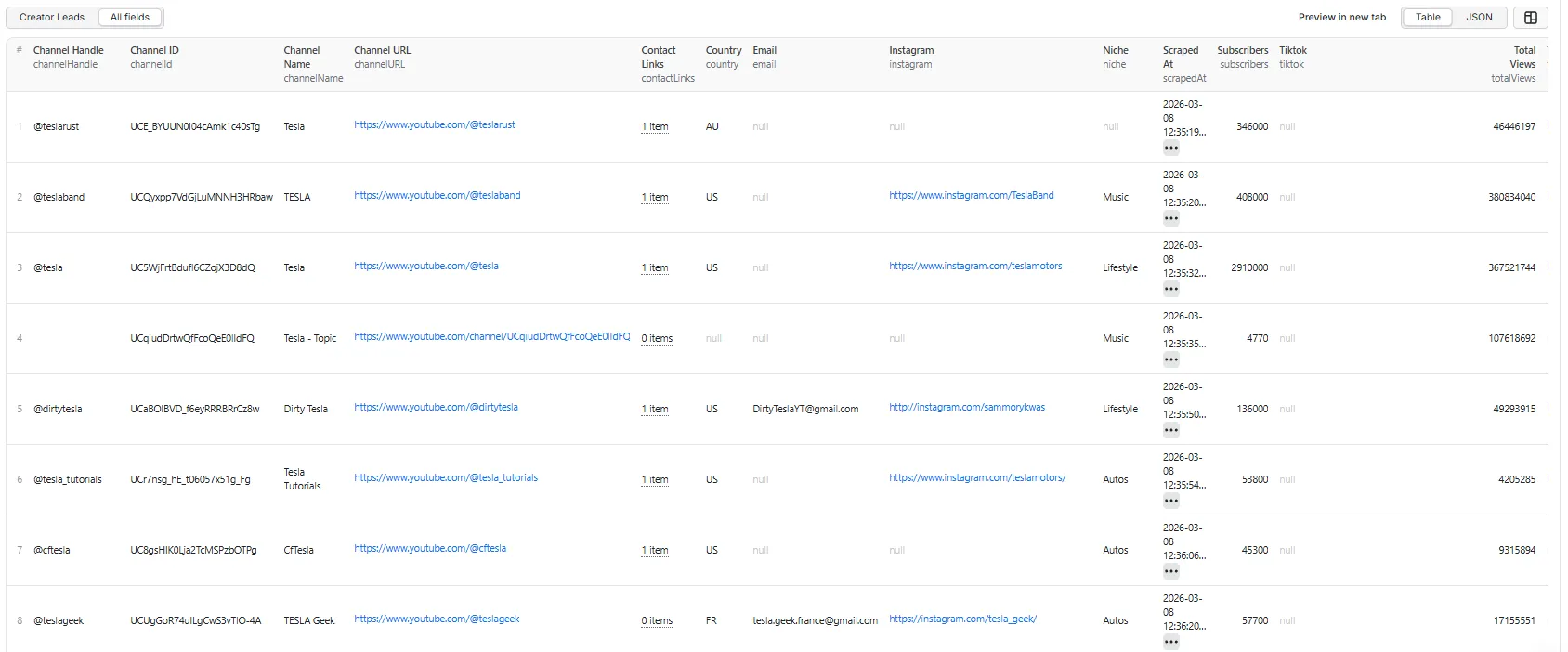 YouTube Creator Leads Finder — Output Table View