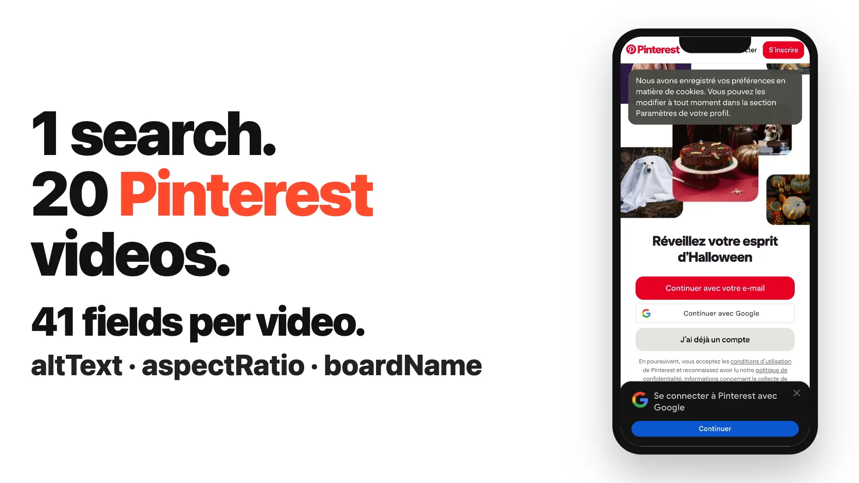 1 search. 20 Pinterest videos. 41 fields per video.