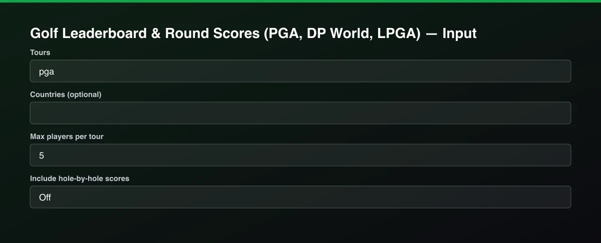 Golf Leaderboard & Round Scores (PGA, DP World, LPGA) input form
