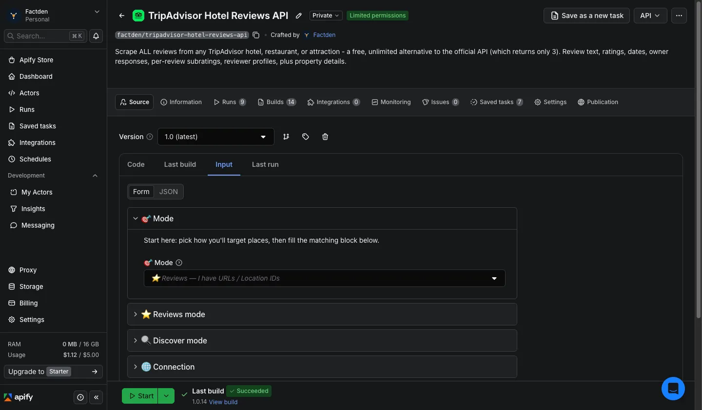 TripAdvisor Hotel Reviews API input form
