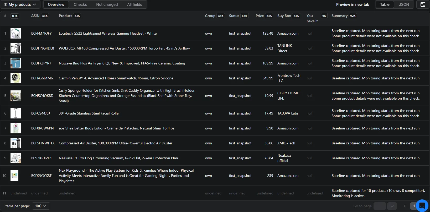 First snapshot view — baseline captured for 10 products, no change events