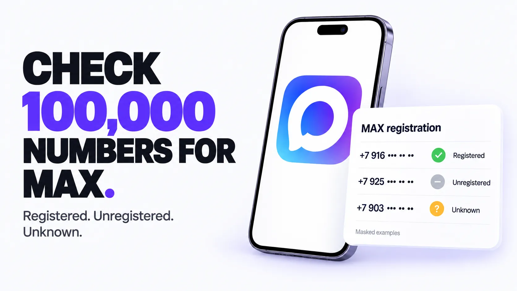 Check 100,000 numbers for MAX. Registered. Unregistered. Unknown.