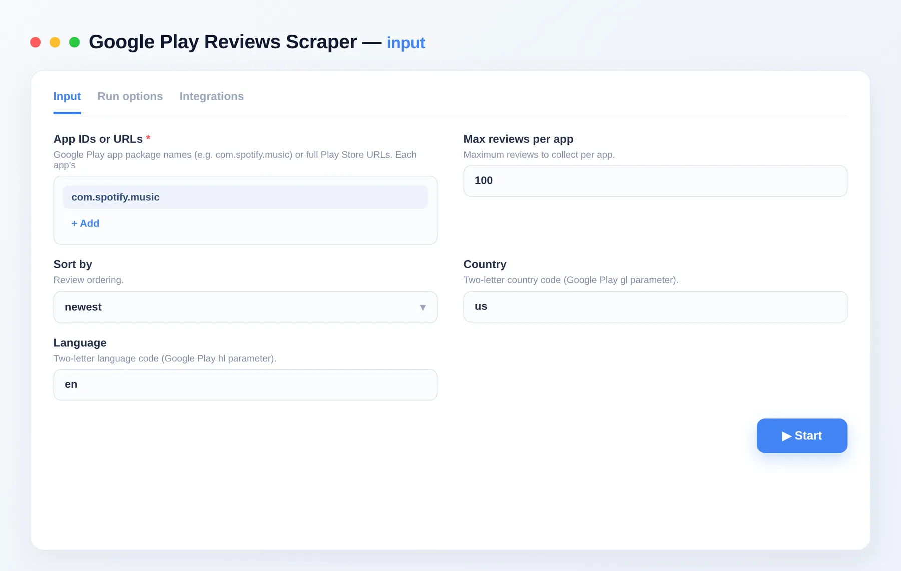 Google Play Reviews Scraper input — app IDs, sort order, country and language in the Apify Console