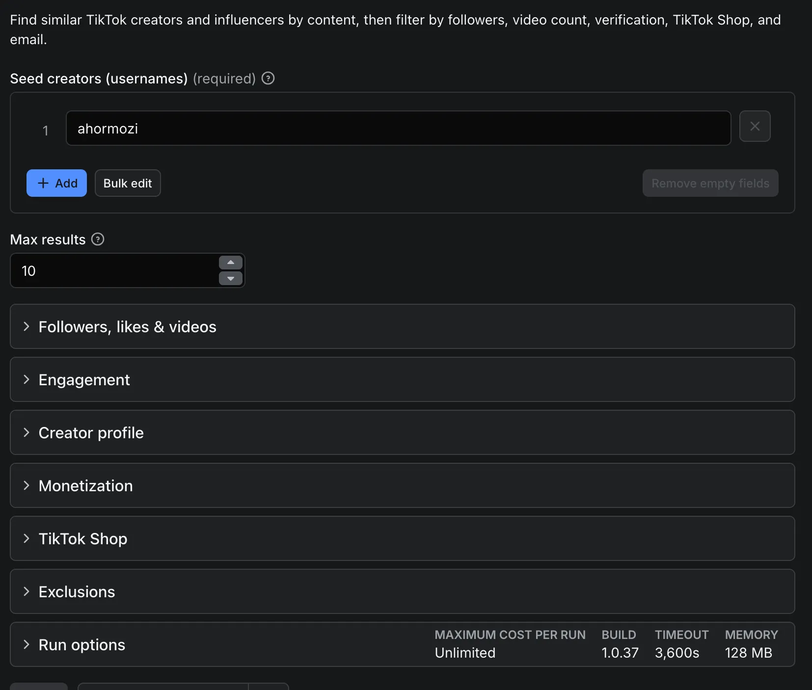 Actor input — seed creators, limit and filters