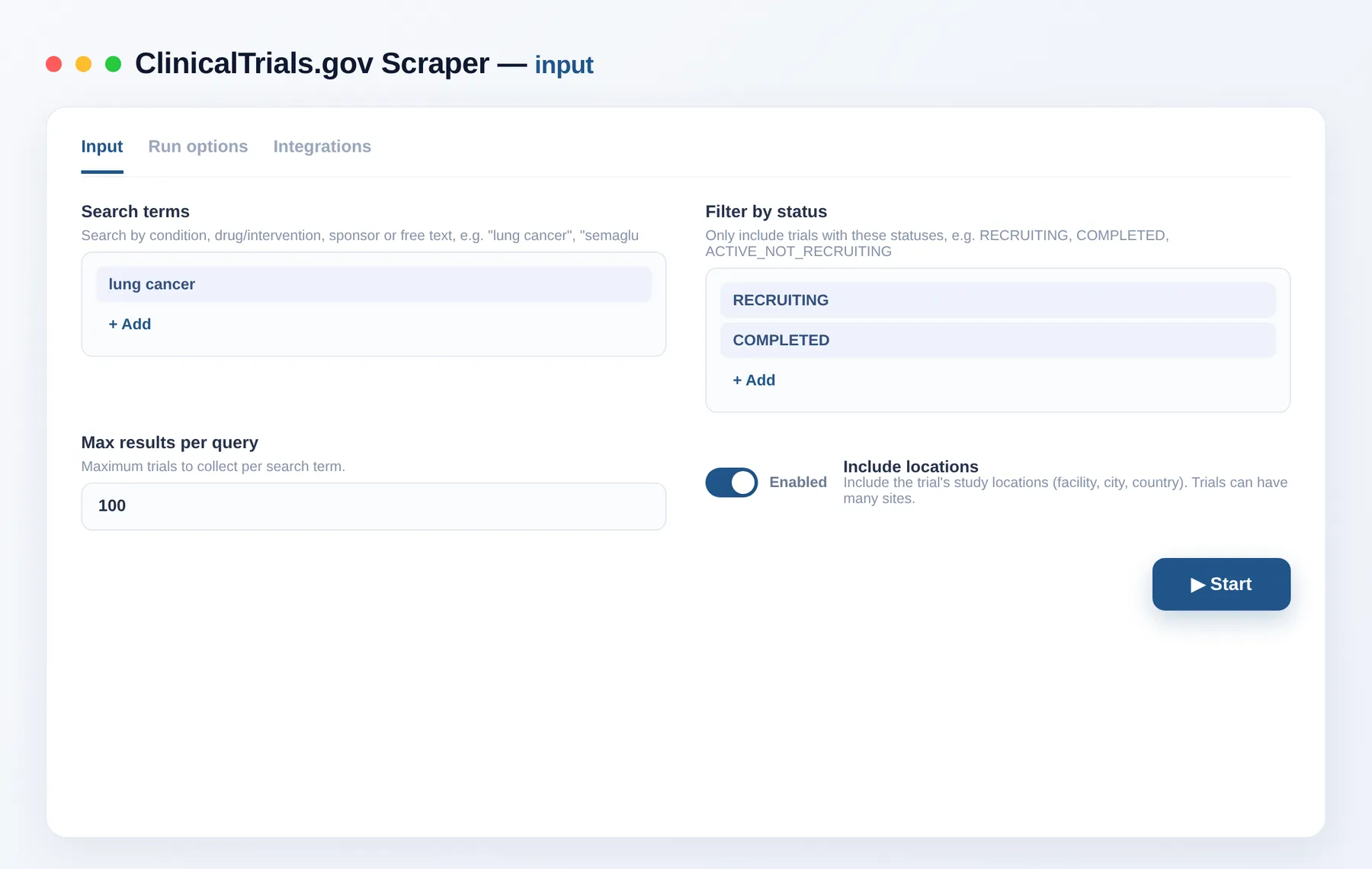 ClinicalTrials.gov Scraper input — search queries, statuses and location toggle in the Apify Console
