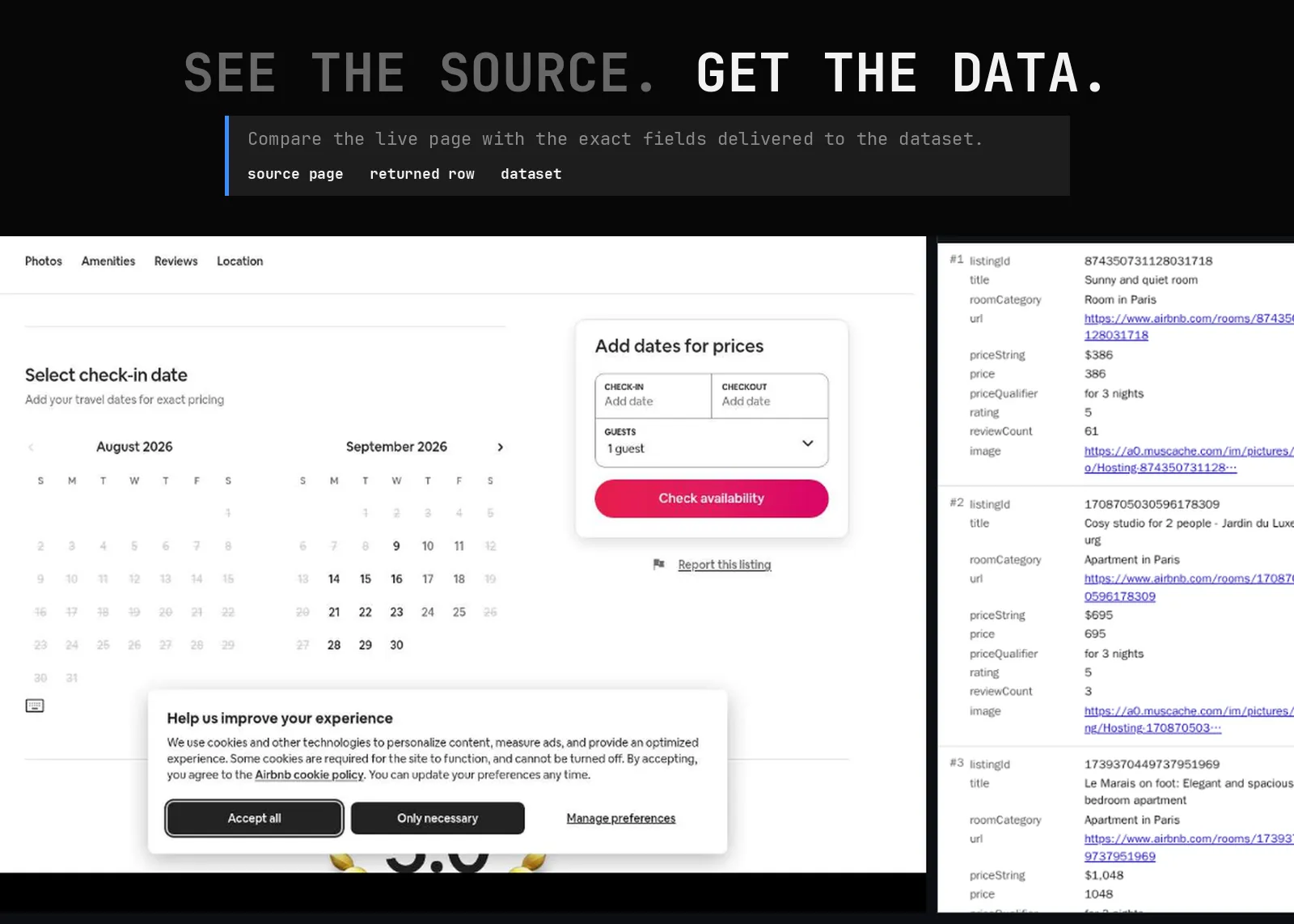Airbnb Data Scraper source page and returned record