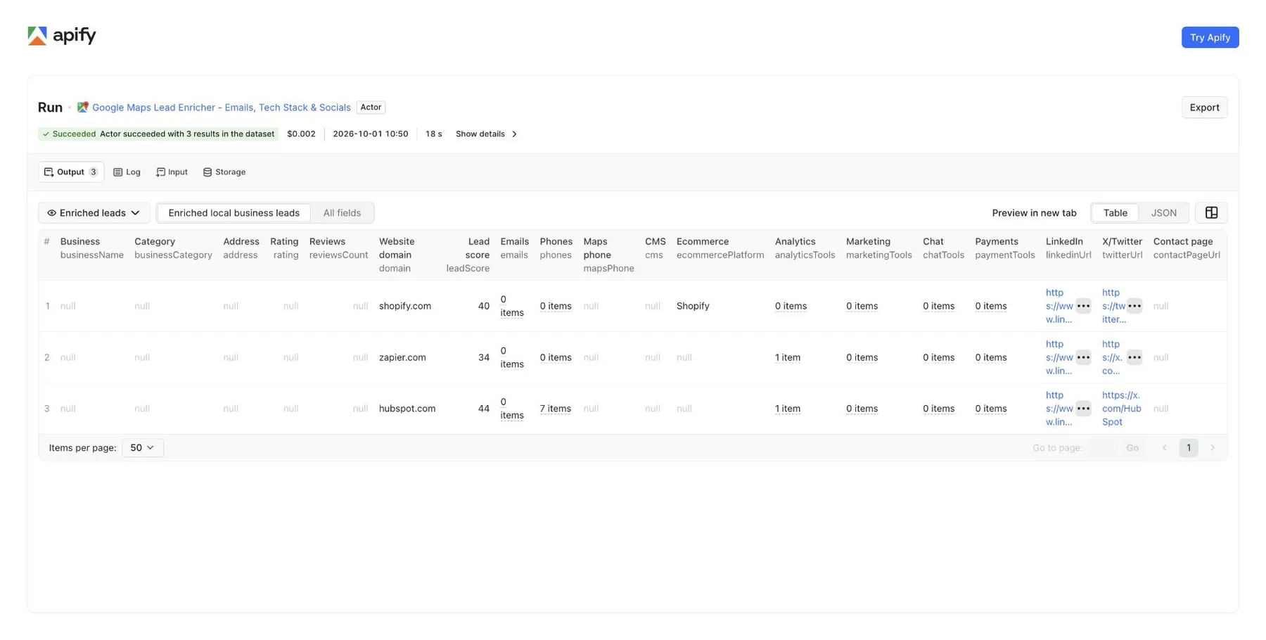 Apify Console screenshot of enriched website results