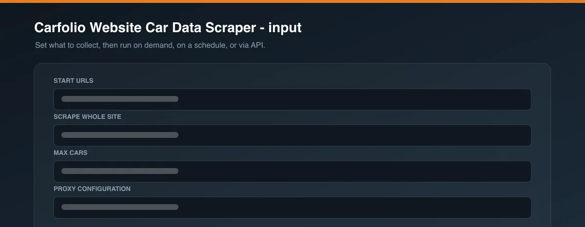 Carfolio Website Car Data Scraper input options