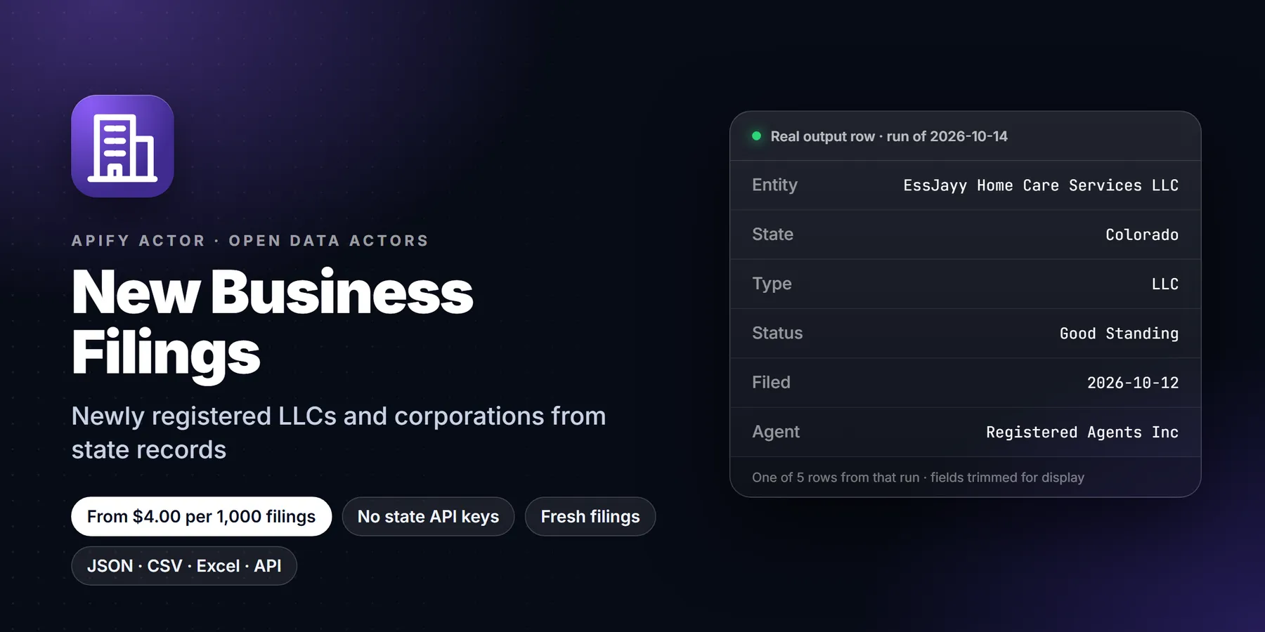 New Business Filings: features, price and a real output row