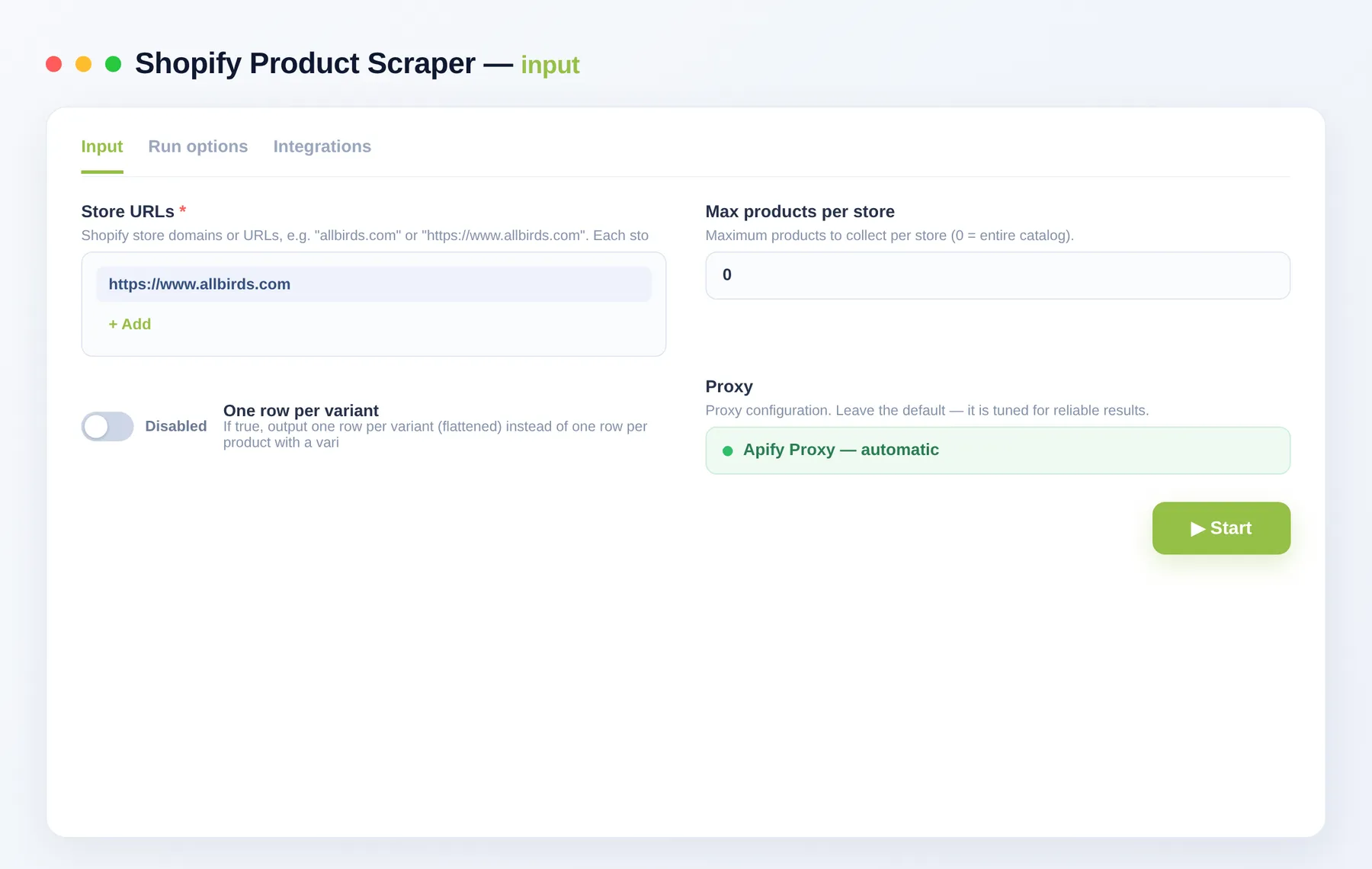 Shopify Product Scraper input — store URLs and output options in the Apify Console