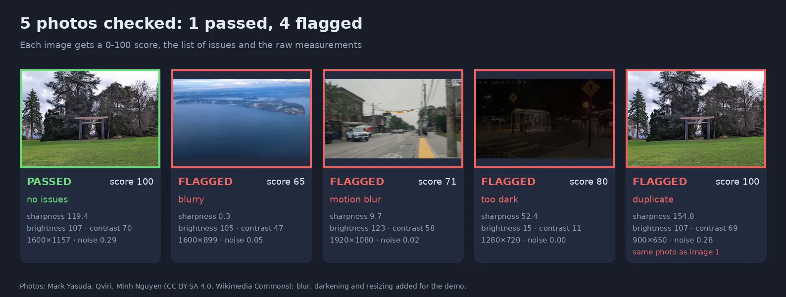 Five photos checked: one passed, four flagged as blurry, motion blur, too dark and duplicate, with scores and measurements