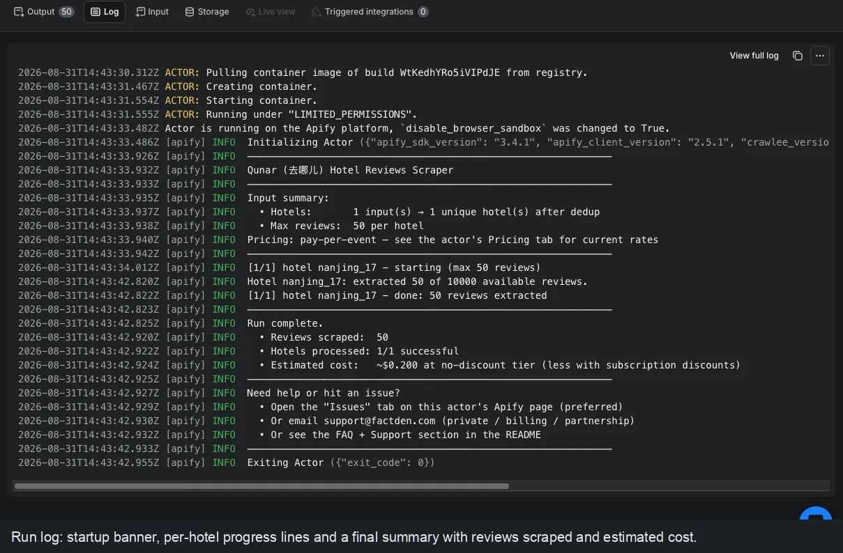 Qunar Hotel Reviews Scraper run log on the Apify Console with the startup banner, per-hotel progress lines and a final summary showing reviews scraped and estimated cost
