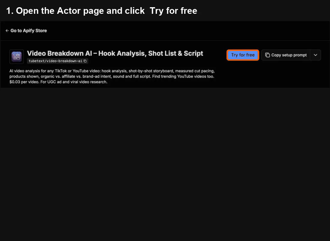 Video Breakdown AI quick start: click Try for free, paste your input, click Start, export to Excel