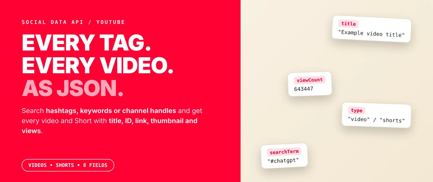 YouTube Video Scraper by Hashtag output as JSON: title, video ID, link, thumbnail and views