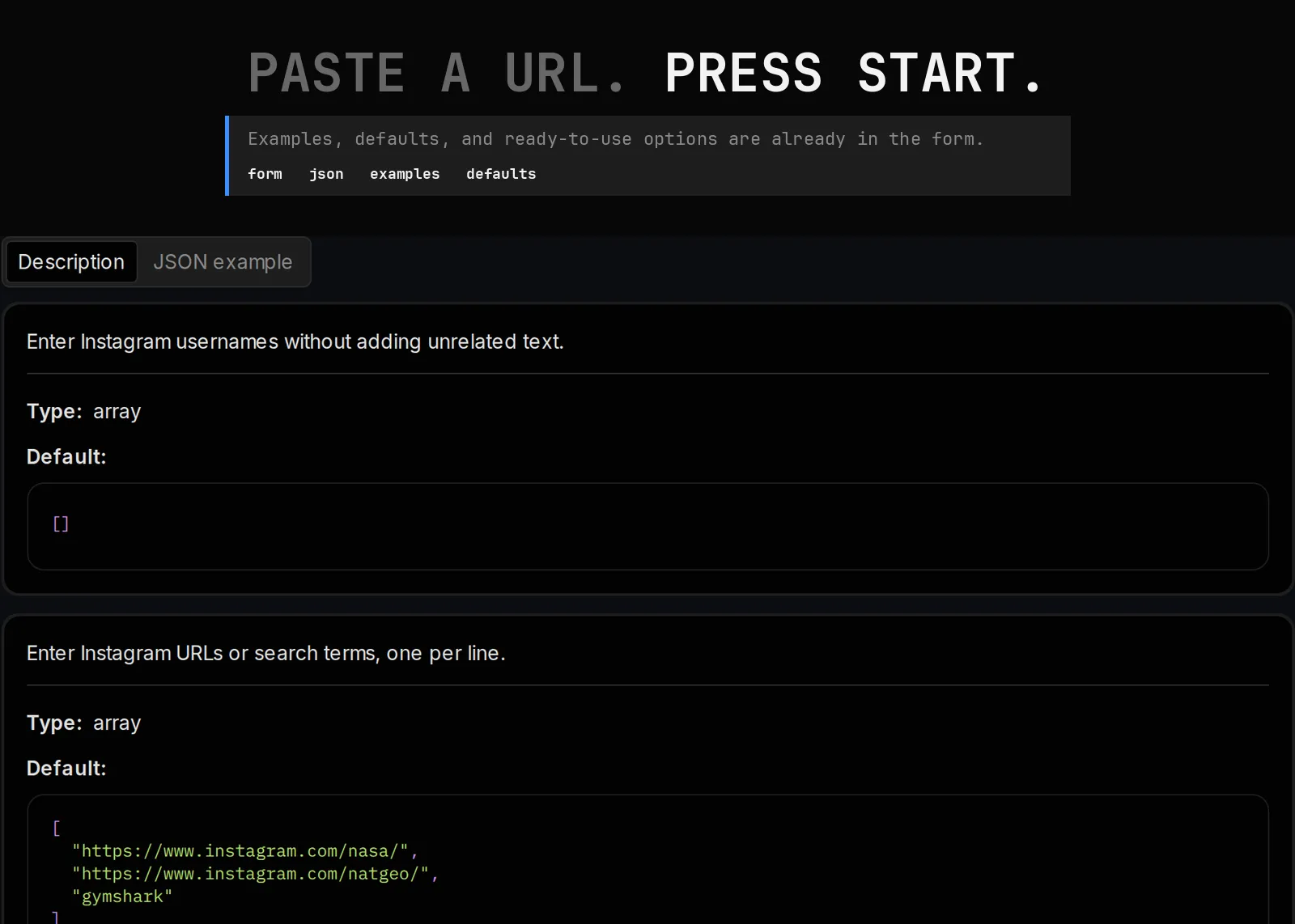 Instagram Profile Scraper published input controls