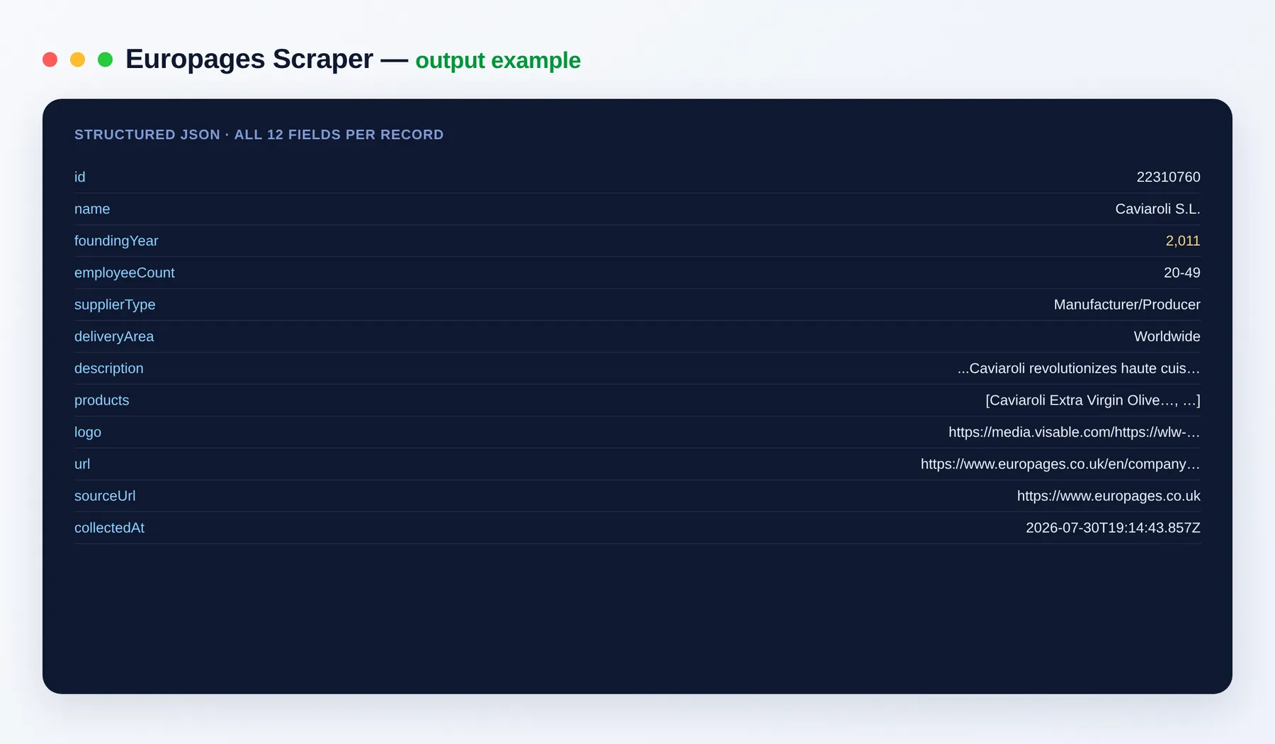 Europages Scraper output example — European B2B suppliers with products as structured JSON