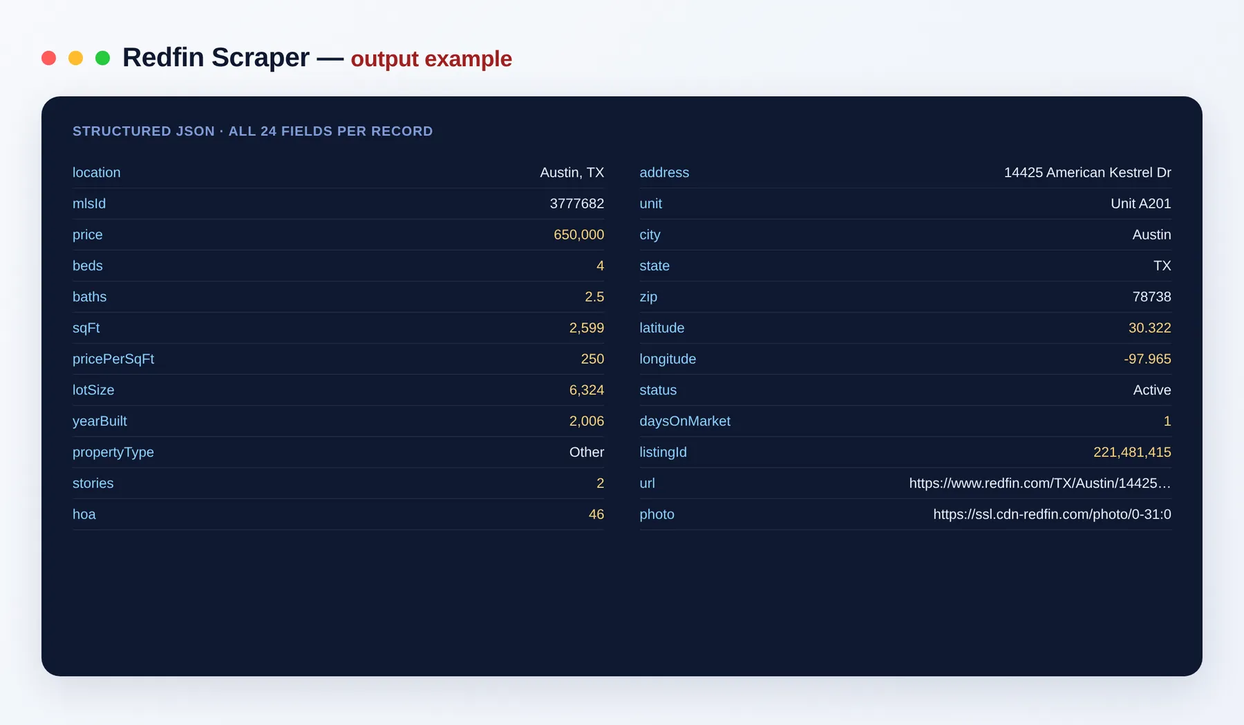 Redfin Scraper output example — one structured JSON row per for-sale listing