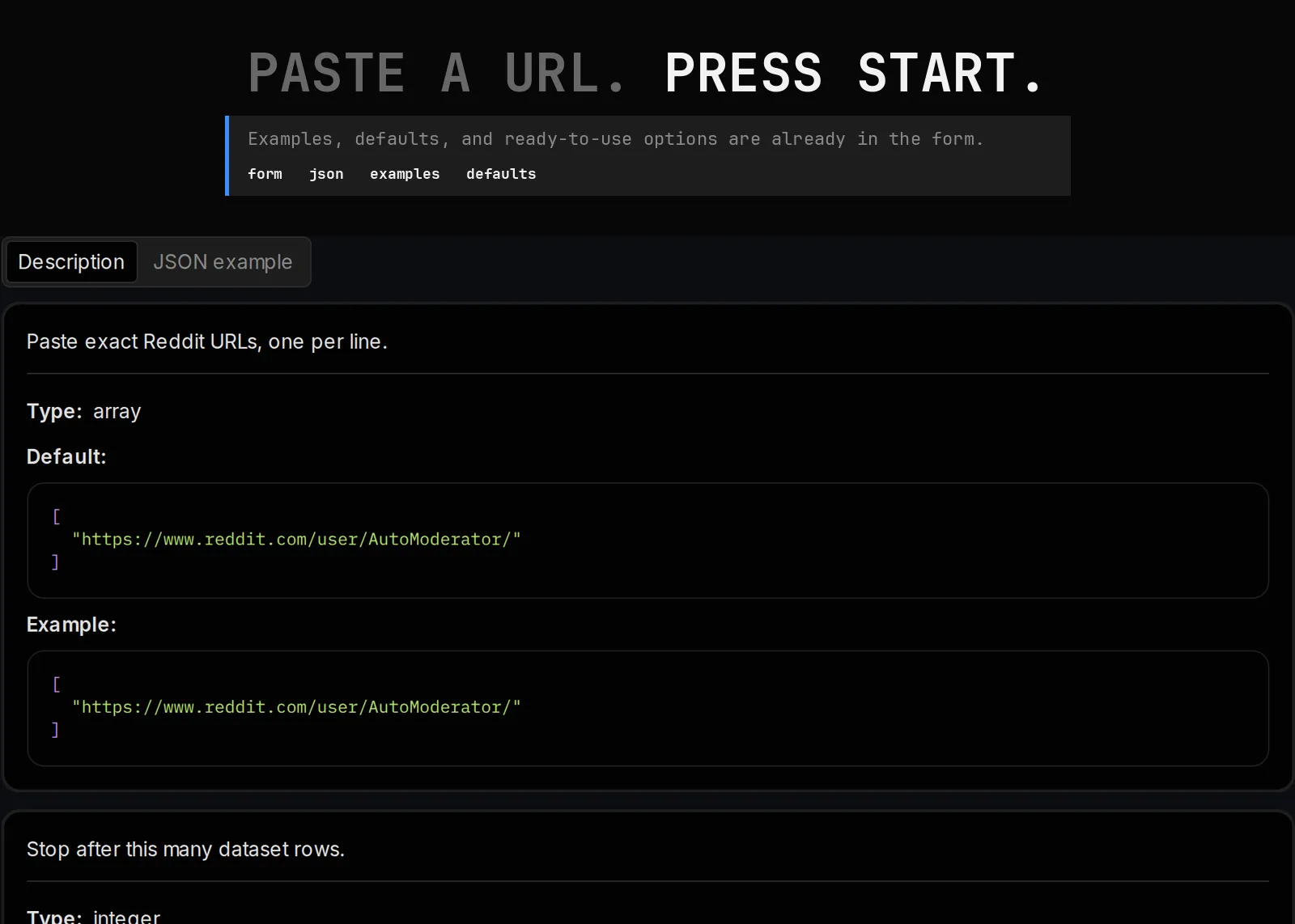 Reddit Profile Scraper source page and returned record