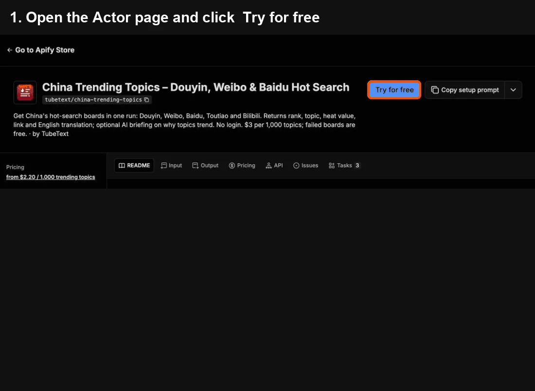 China Trending Topics quick start: click Try for free, paste your input, click Start, export to Excel