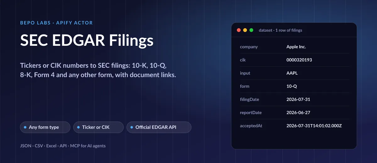 SEC EDGAR Filings: Tickers or CIK numbers to SEC filings: 10-K, 10-Q, 8-K, Form 4 and any other form, with document links.