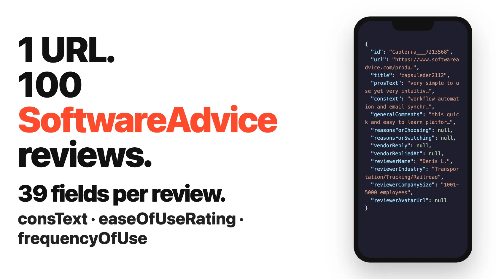 1 URL. 100 SoftwareAdvice reviews. 39 fields per review.
