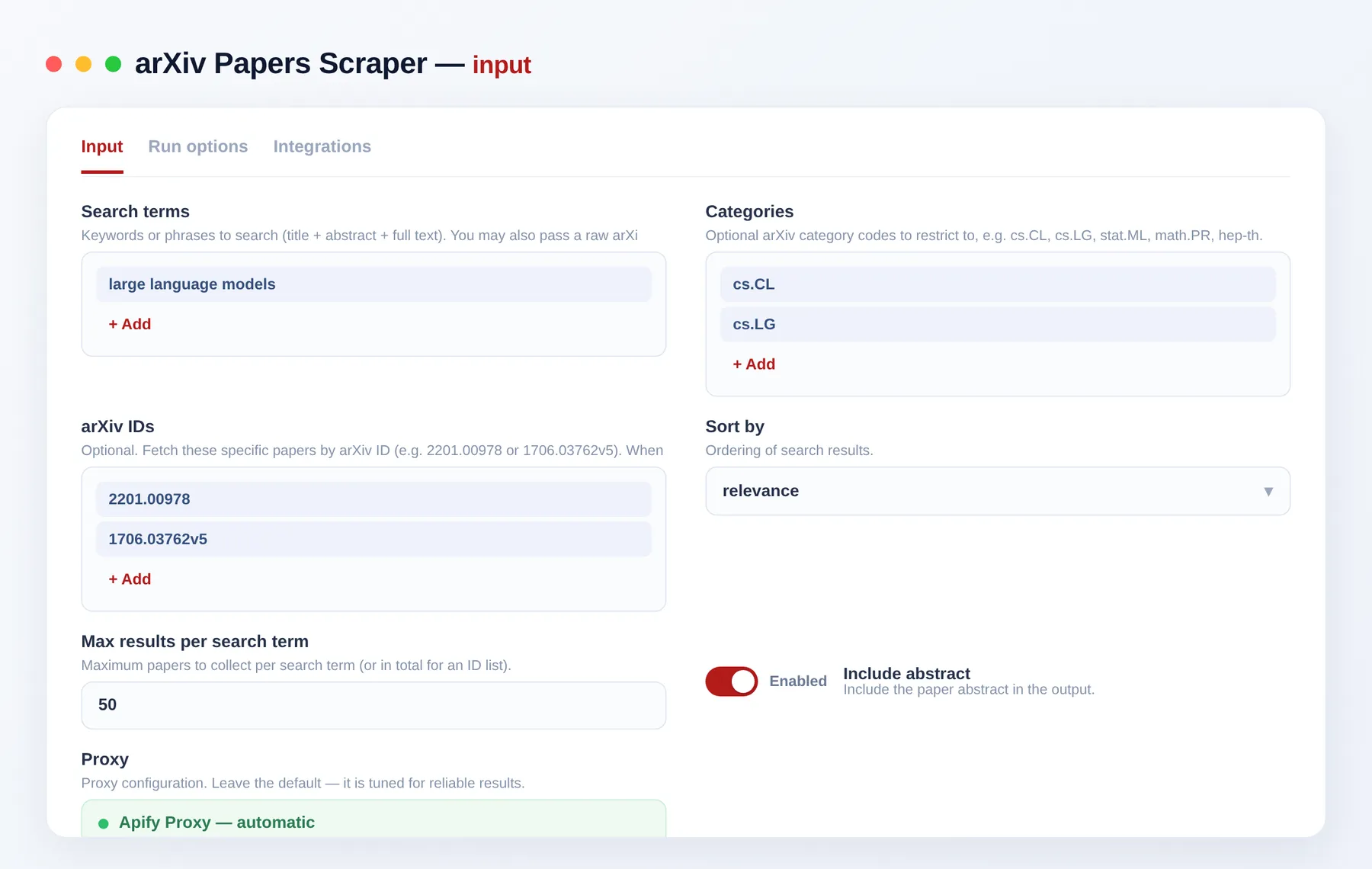 arXiv Papers Scraper input — search terms, categories and sort order in the Apify Console