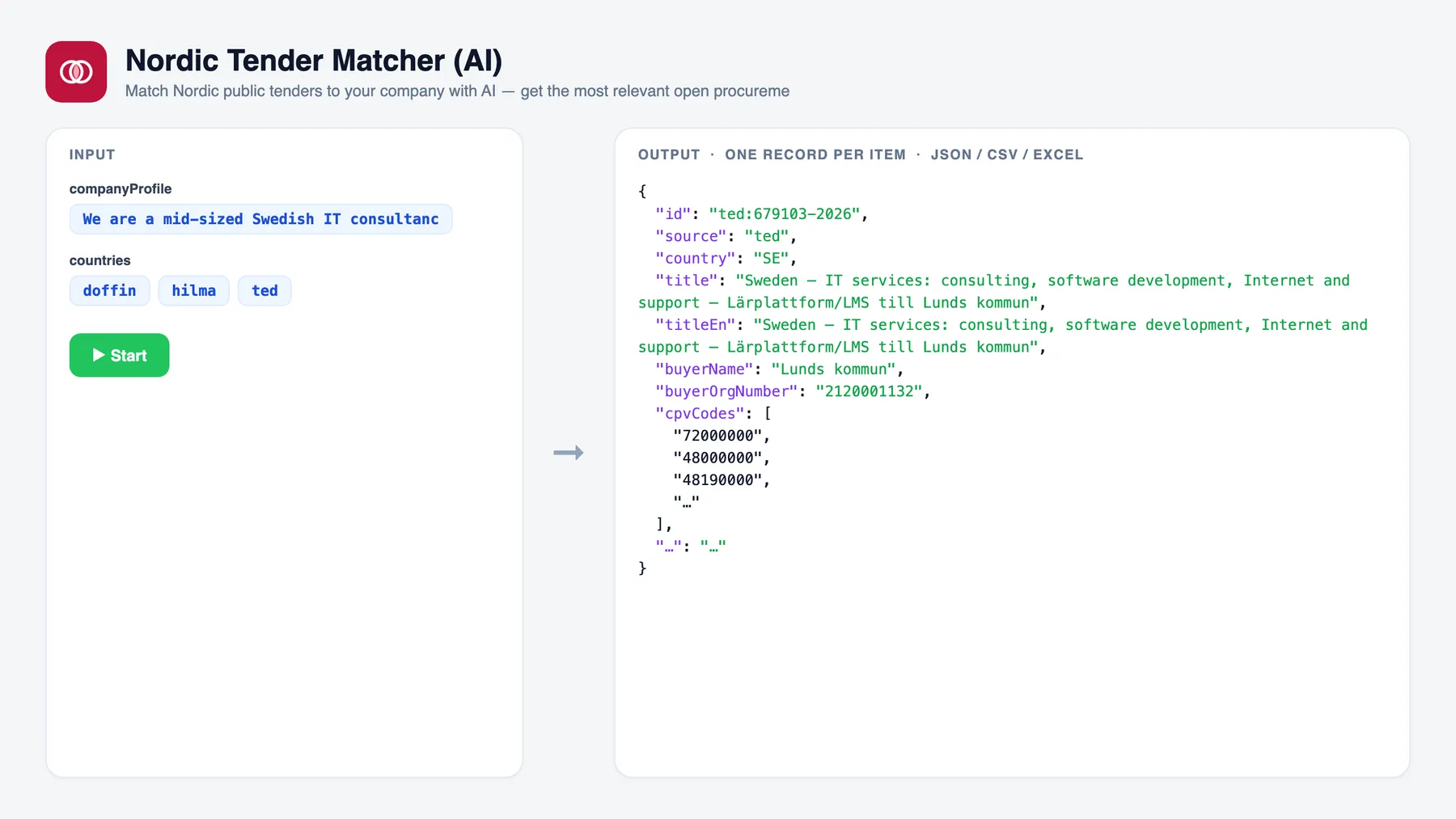 Nordic Tender Matcher (AI) — input and sample output