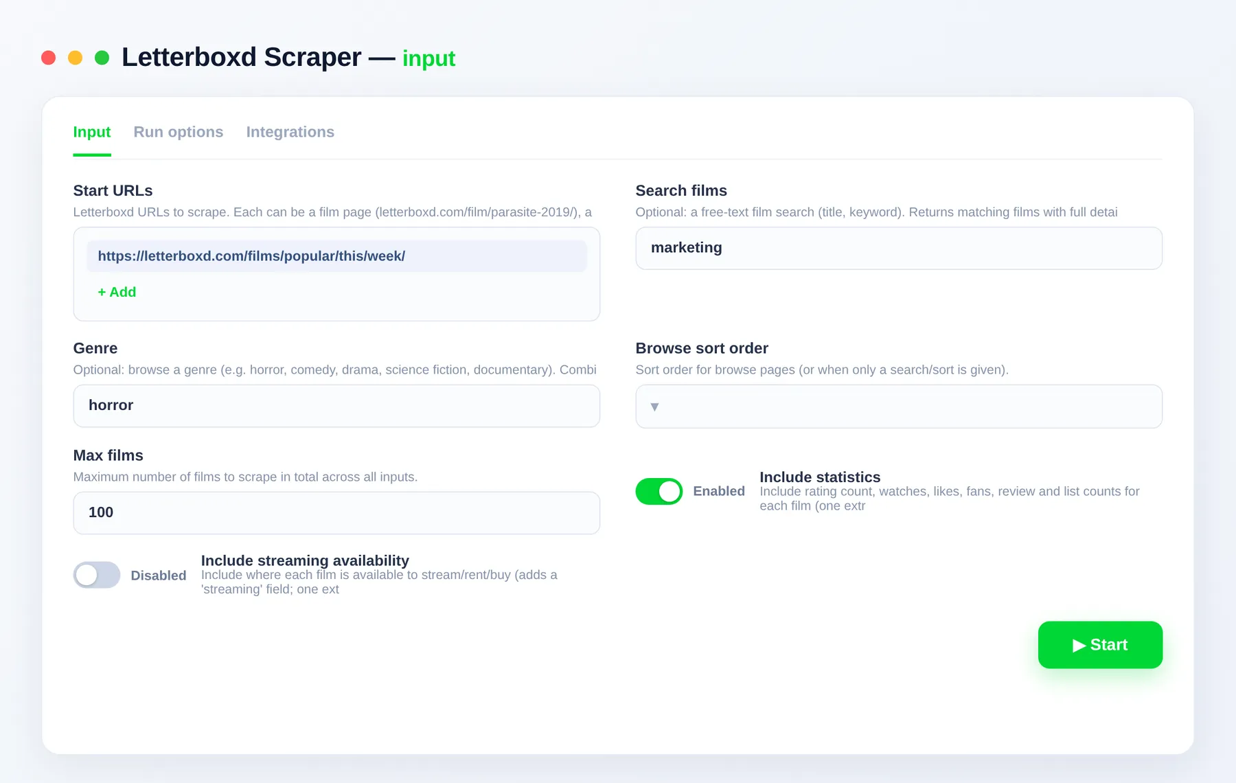 Letterboxd Scraper input — start URLs, search and film limit in the Apify Console
