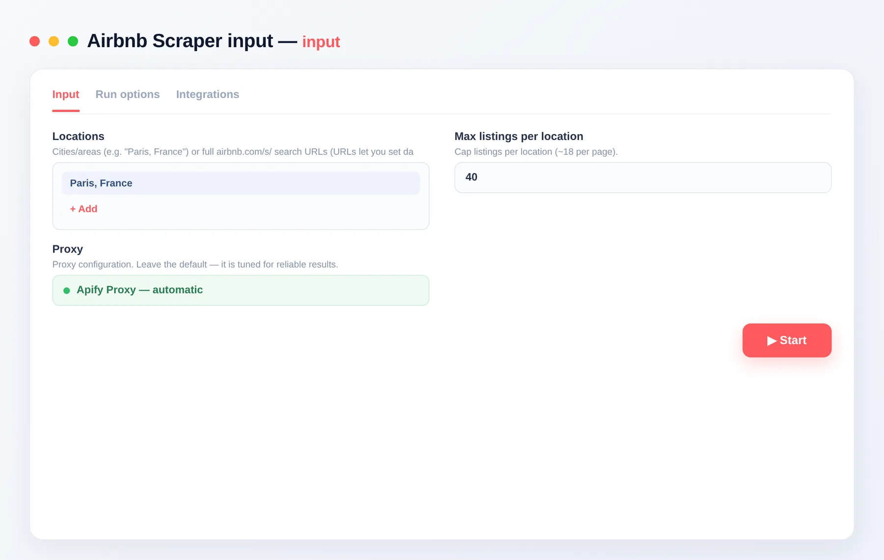 Airbnb Scraper input — locations, max items per location and proxy in the Apify Console