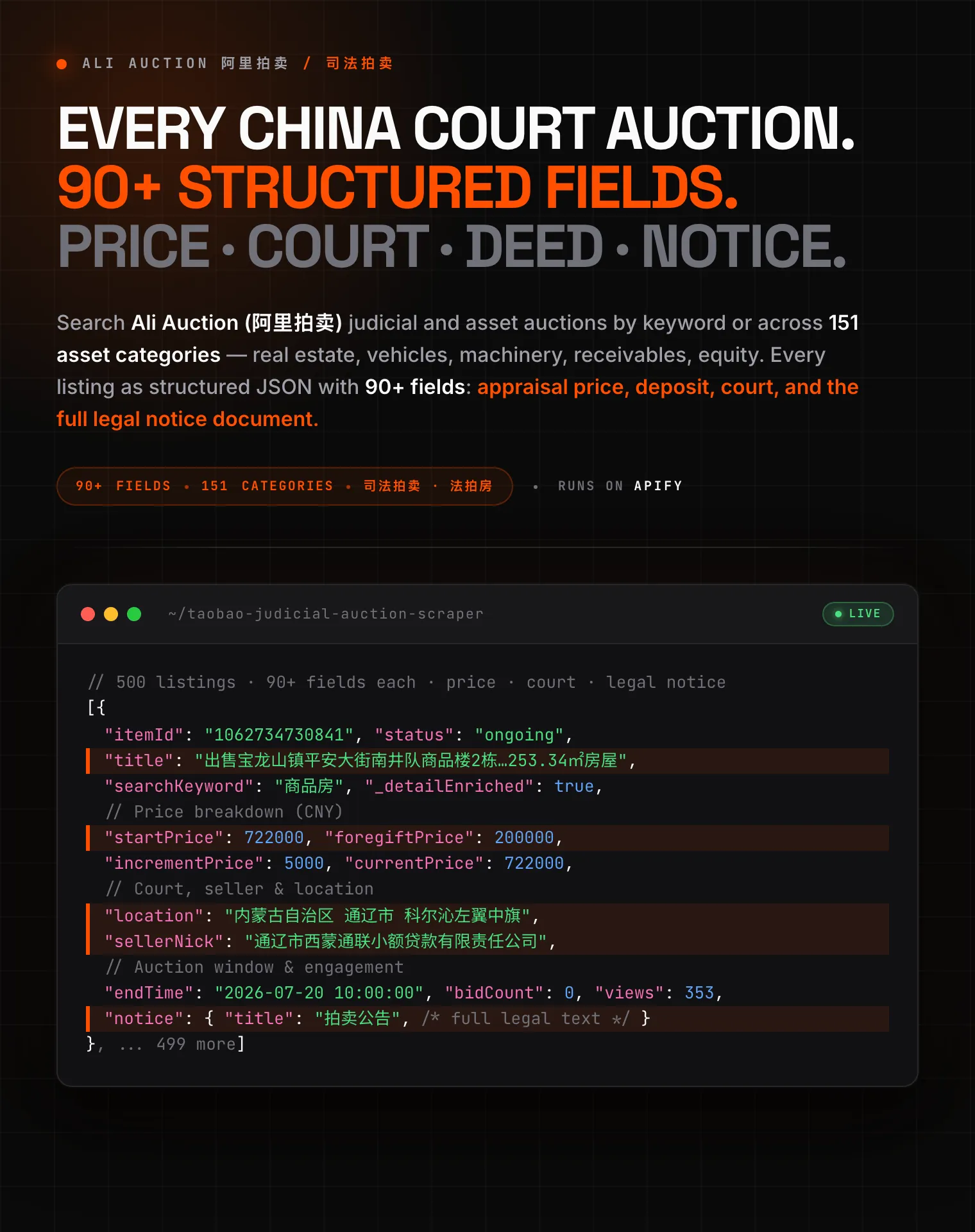 Taobao Judicial Auction Scraper — extract China court and asset auction data (阿里拍卖 司法拍卖 法拍房): foreclosed property, vehicles, machinery, with appraisal, deposit, court, and legal notice