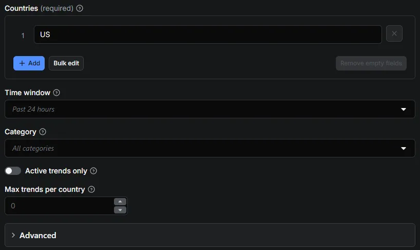 Google Trends Trending Now Scraper input form: countries, time window, category and active trends only