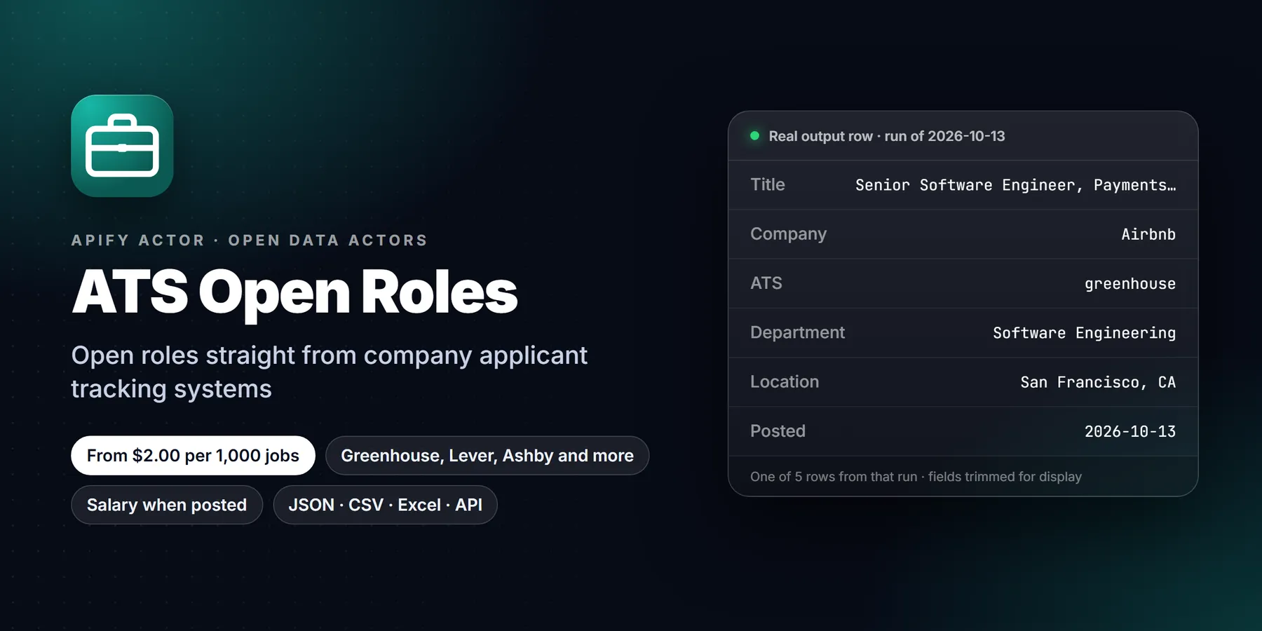 Greenhouse & Lever Jobs Scraper: features, price and a real output row