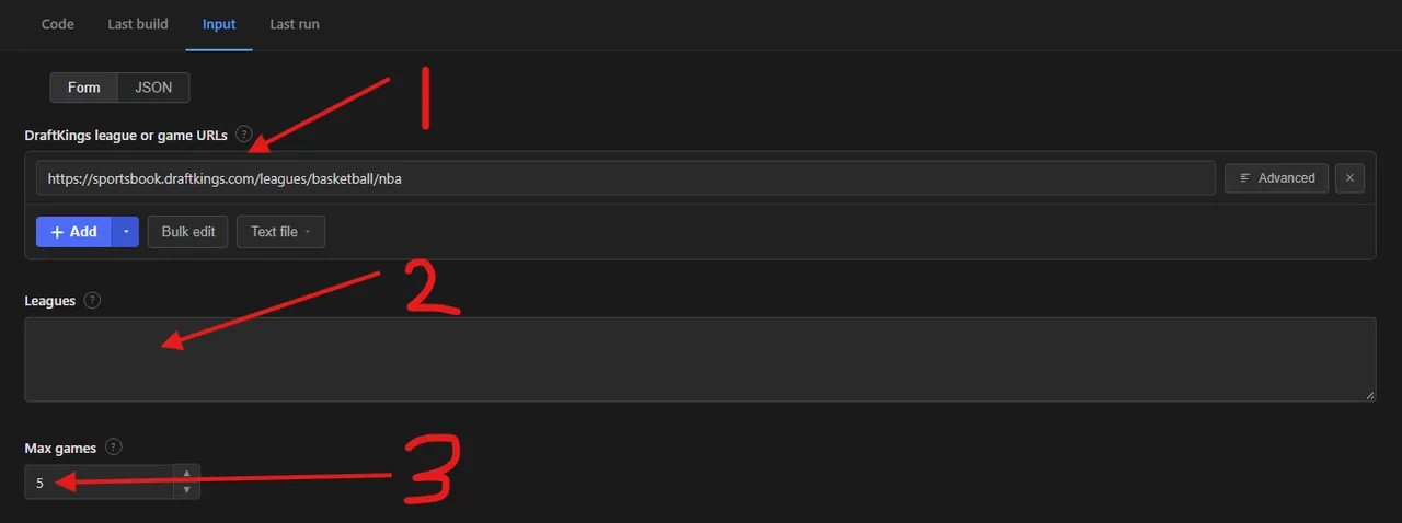 DraftKings odds scraper input form in Apify Console with the league or game URLs, leagues and max games fields marked 1, 2 and 3