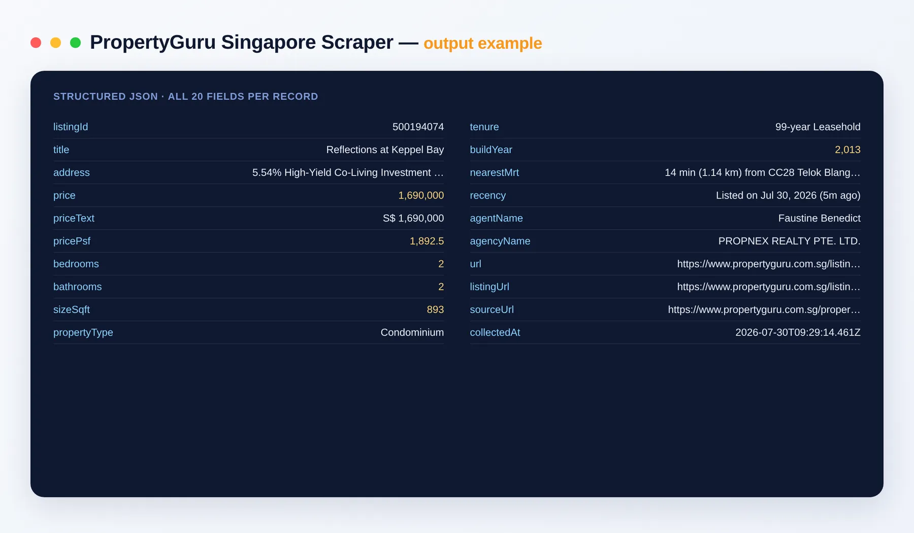 PropertyGuru Scraper output example — property listings with price, PSF, beds, size and agent as structured JSON