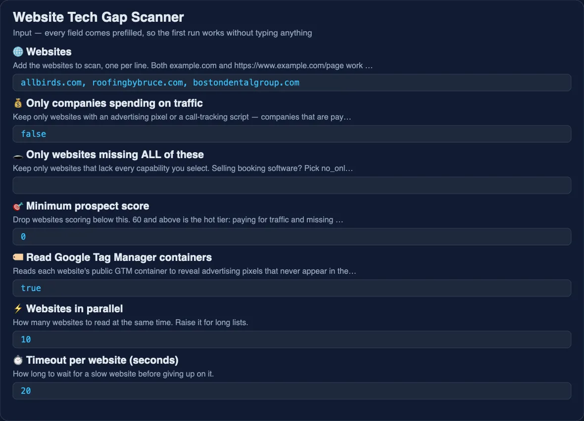 Website Tech Gap Scanner input form with the websites field, gap filters and prospect score