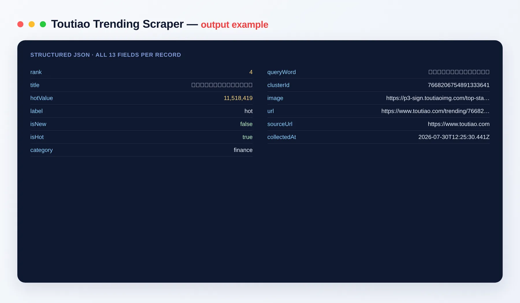 Toutiao Scraper output example — trending topics with rank, hot value and category as structured JSON