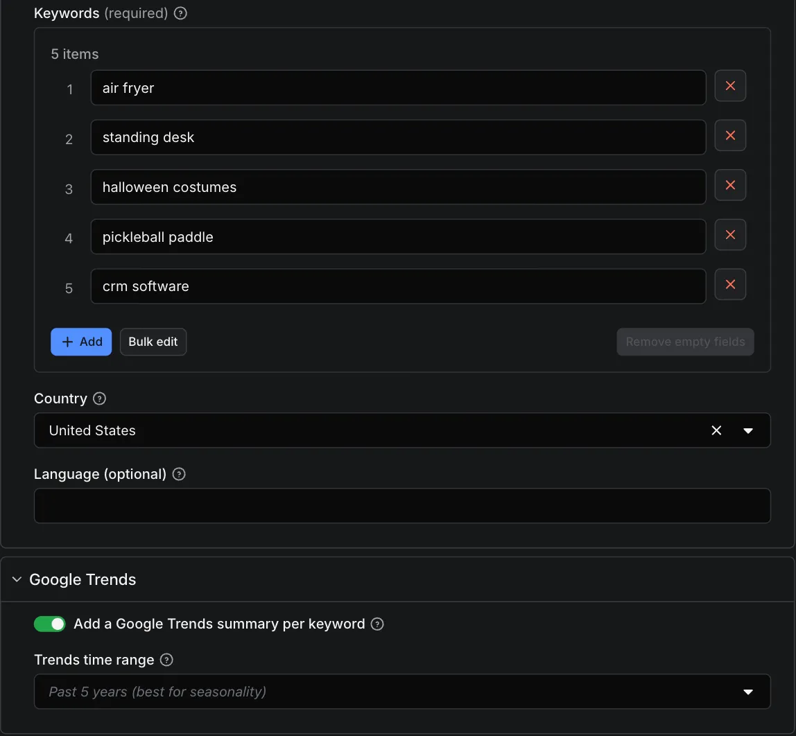 Keyword Search Volume input form: a list of keywords, the country, and the Google Trends summary switch with its time range