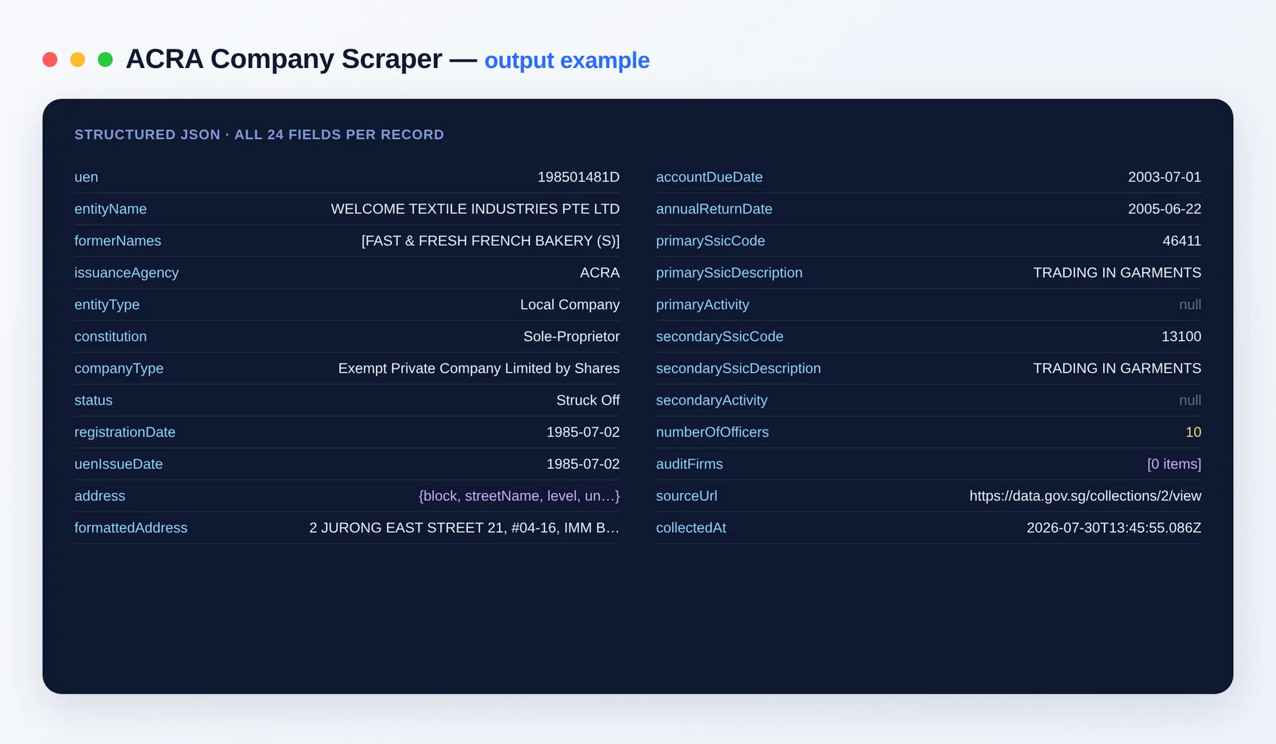 ACRA Company Scraper output example — company records with UEN, status and SSIC as structured JSON