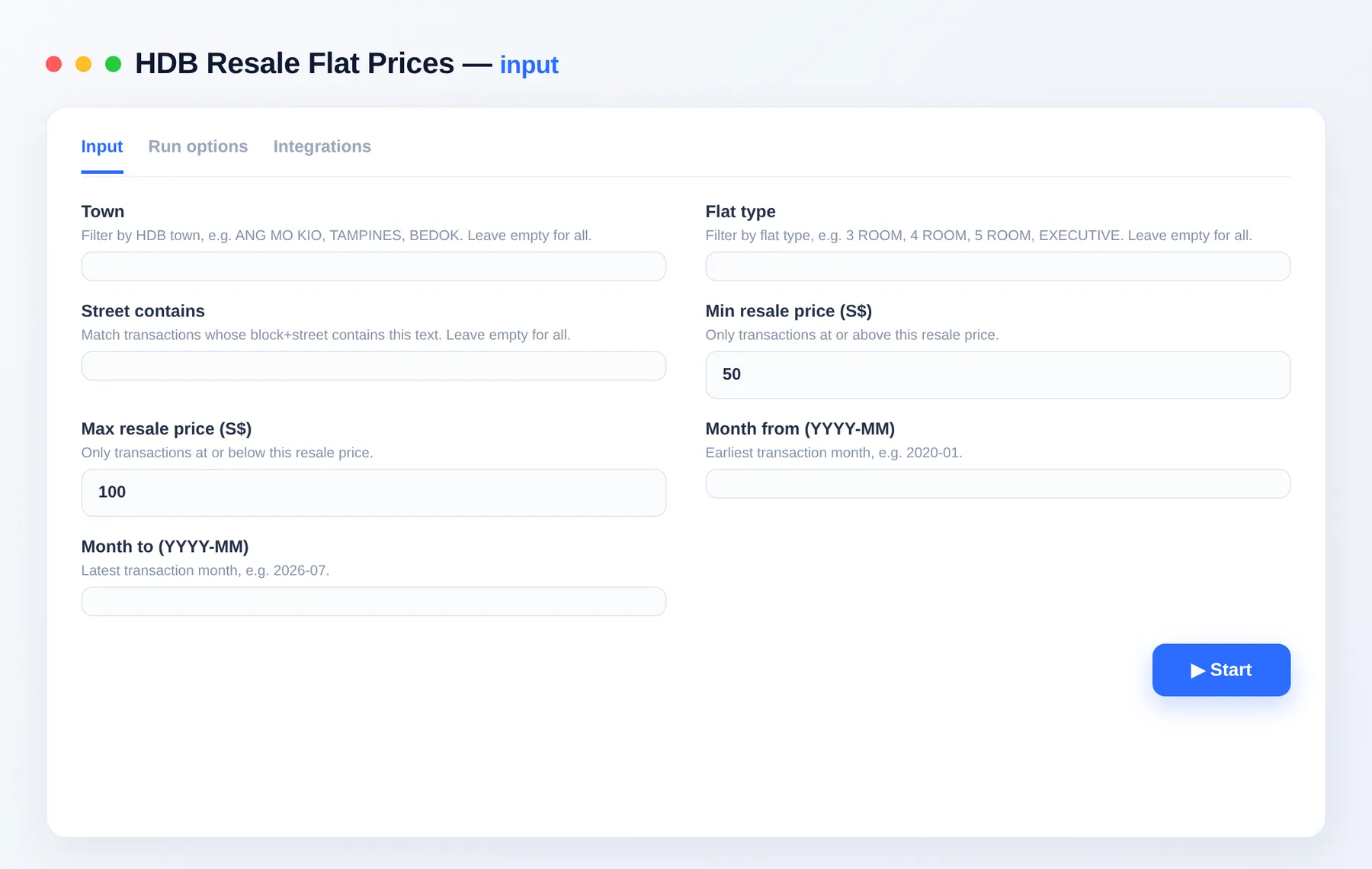 Singapore HDB Resale Flat Prices input — town, flat type and month range filters in the Apify Console