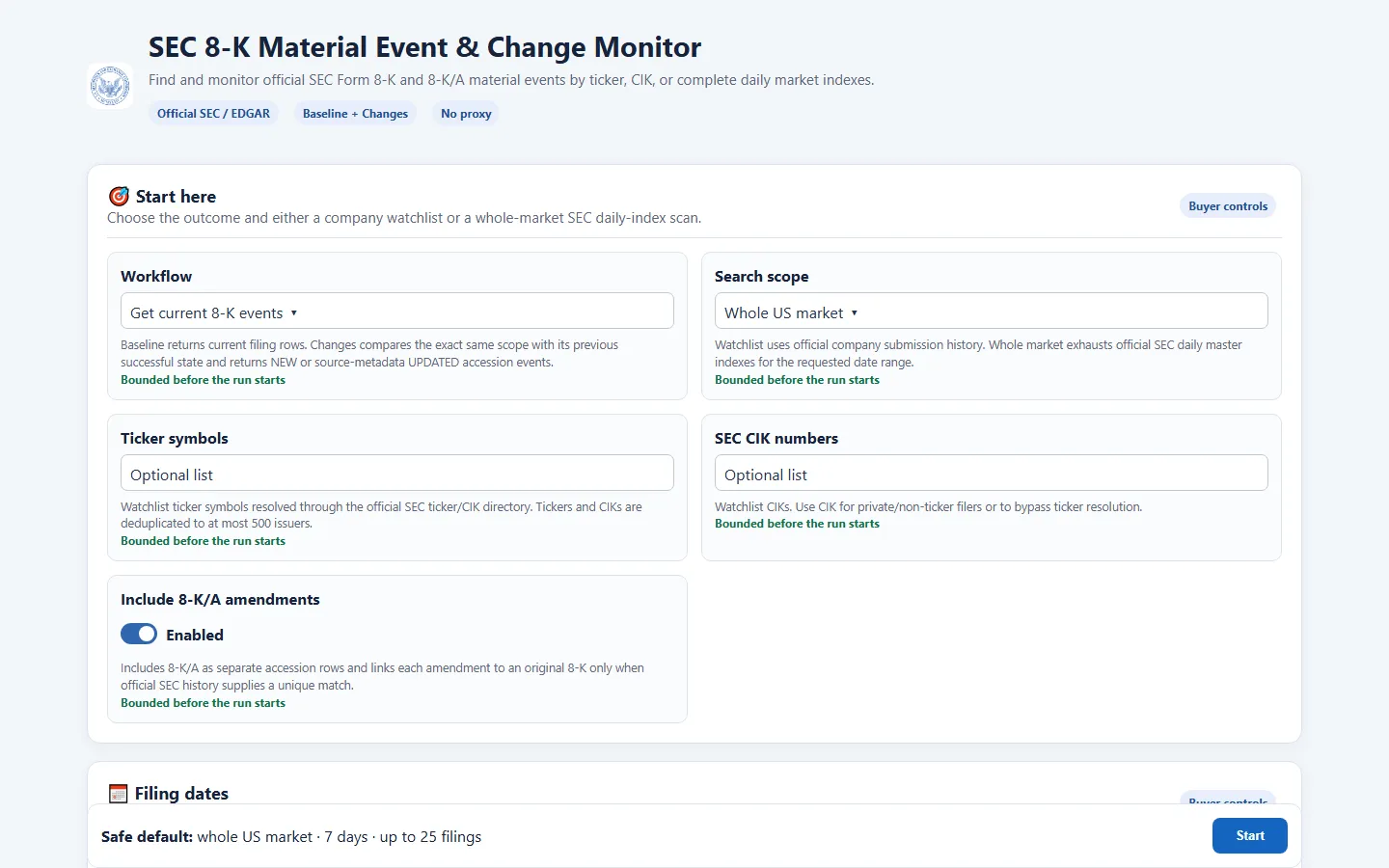 SEC 8-K monitor input with workflow, company, date, event, and safety controls