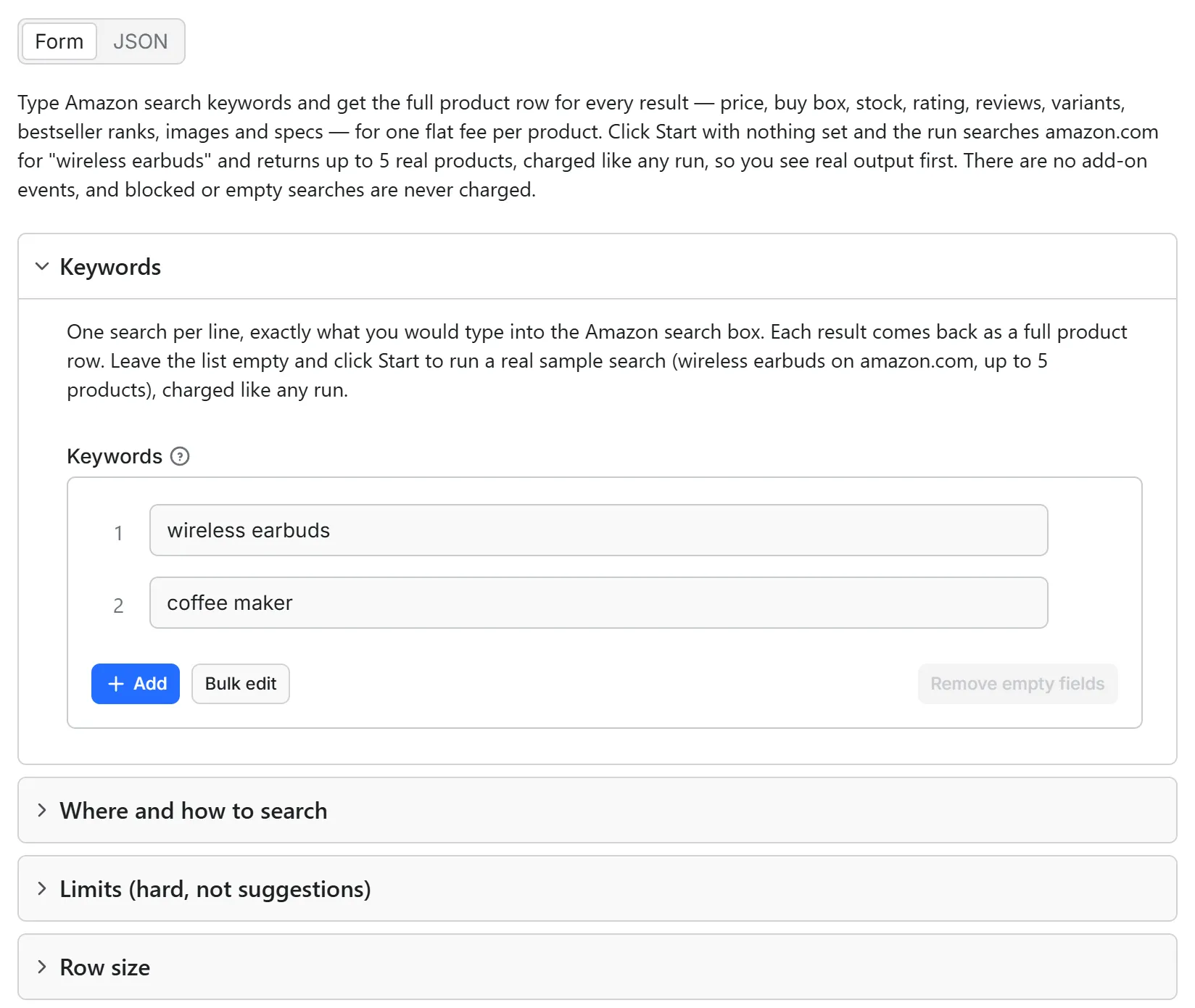 Amazon Search Scraper input form in the Apify console: the Keywords list prefilled with wireless earbuds and coffee maker