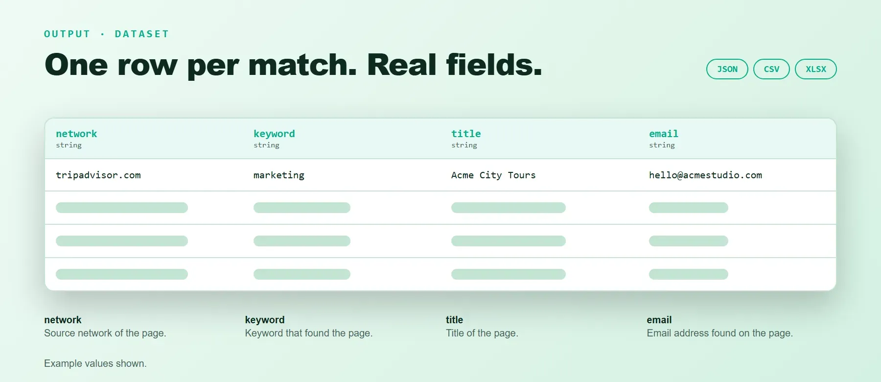 Tripadvisor Email Scraper output: one row per match with network, keyword, title and email