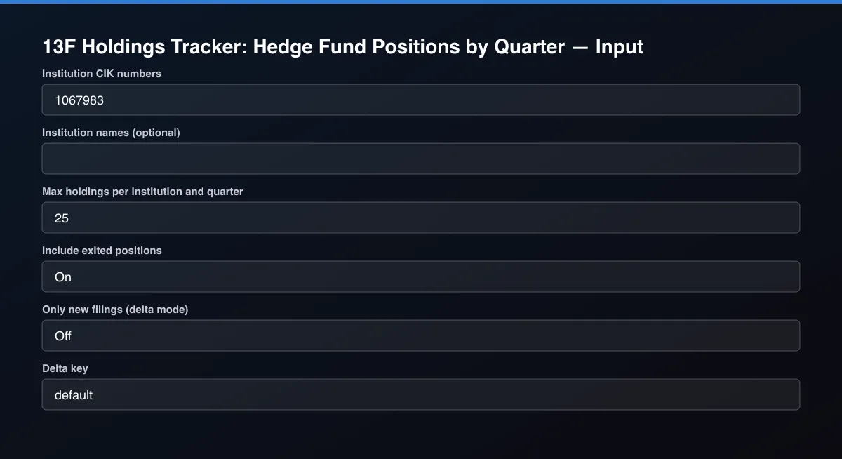 13F Holdings Tracker: Hedge Fund Positions by Quarter input form