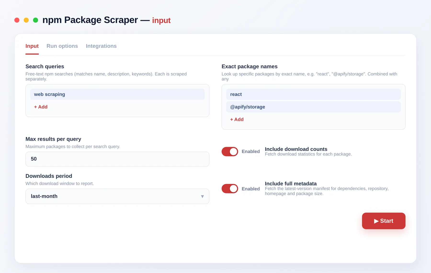npm Package Scraper input — queries, packages and download period in the Apify Console
