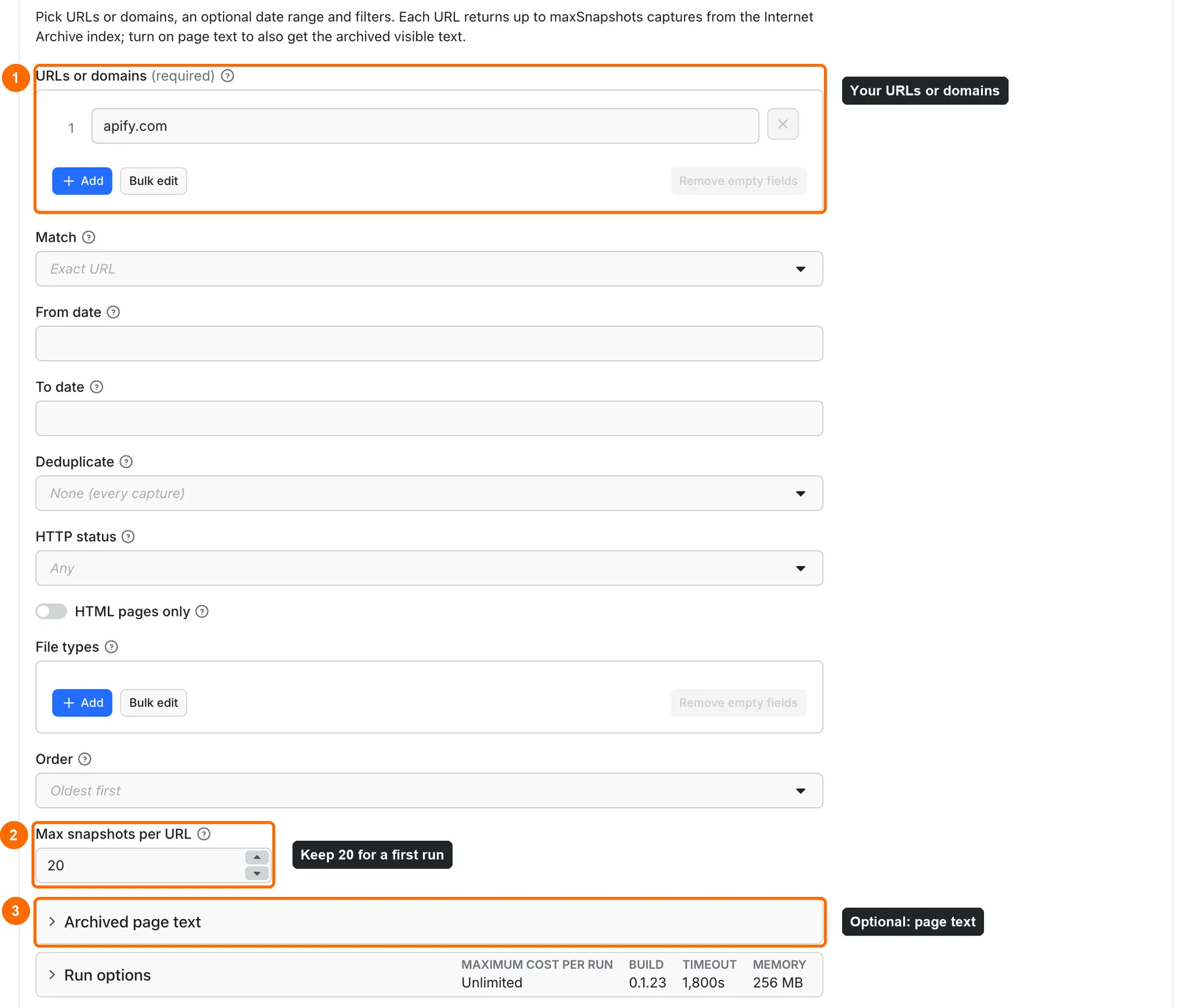 Input form: box 1 is the URLs or domains field with apify.com, box 2 is Max snapshots per URL set to 20, box 3 is the optional Archived page text section
