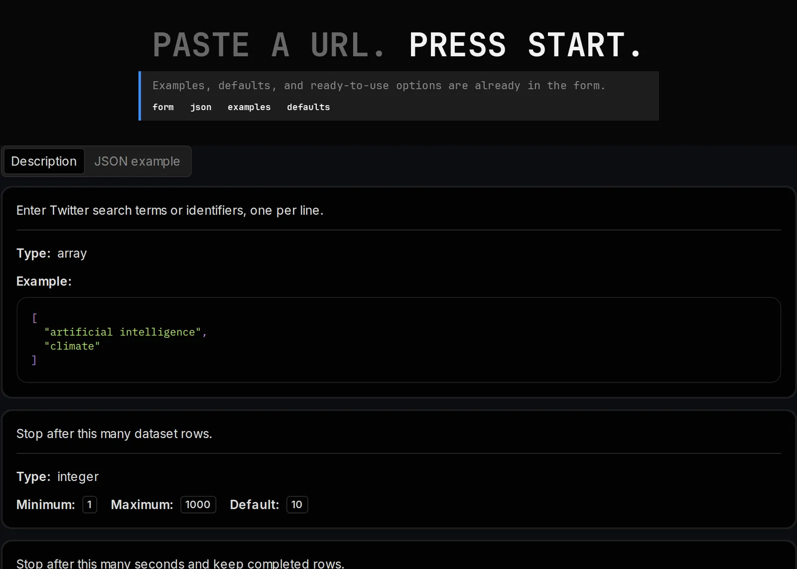 Twitter Search Scraper published input controls